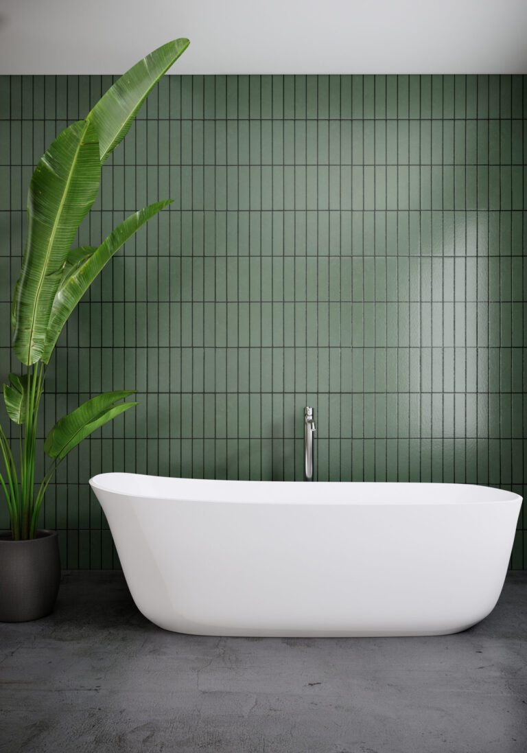 Green bathroom concpets, design wall, 3d rendering vertical back