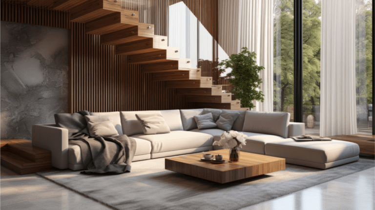 LShaped-Couch-Neutral-Coffee-Table-Modern-Stairs-Wood-Rug